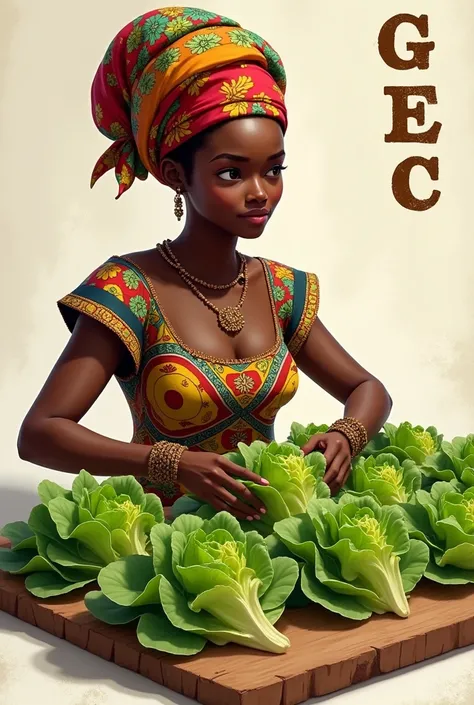 Une  agricultrice nord africain habillé en vêtements traditionnels béninois répliquant des plantes de laitue sur une planche  avec "GEC" gravé en arrière plan dans le coin droit du haut de limage.
