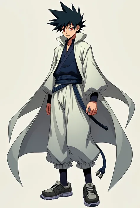 A Male, tall, Black spiky hair, Red eyes, a second pair of smaller Red eyes, white robes, dark blue belt, white baggy pants, Black socks, and Grey shoes, anime style
 