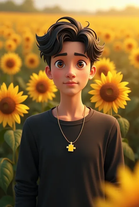 25 year old boy,  wavy black hair, soft face,  on her blouse a pendant with the symbol of the autism puzzle,  perfect light brown eyes ,  basic black long sleeve blouse , black shorts,  background of the image a field of sunflowers, (The same boy from the ...