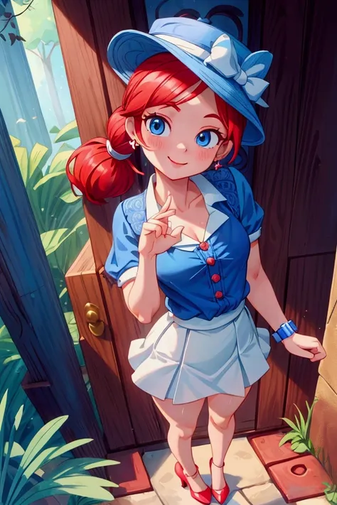 (masterpiece, best quality), 1girl, blue blouse with short neckline, white short skirt, red hair, two ponytails, cute face, blue eyes, standing, outdoor, intricate detail, sunlight, cute dog hat, sexy pose, red heels shoes, earrings, elegant hand watch, sm...