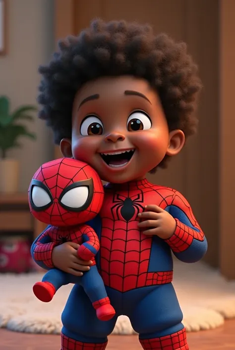  chubby black boy, , beautiful brown eyes, with identical Marvel Spidey outfit, smiling and holding a Marvel Spidey doll