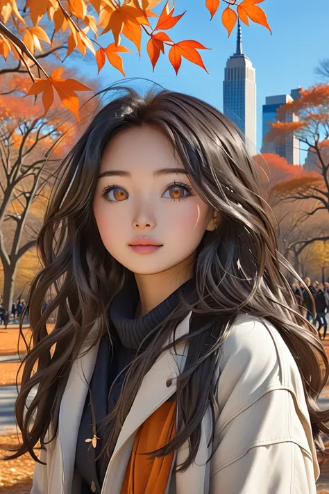 A teenage Asian model, beautiful and harmonious face, tanned white skin, long flowing blackest hair, intense brown light eyes, wearing current fall/winter fashion, parades in New Yorks Central Park. Trees with orange ochre leaves, vanilla blue sky, New Yor...