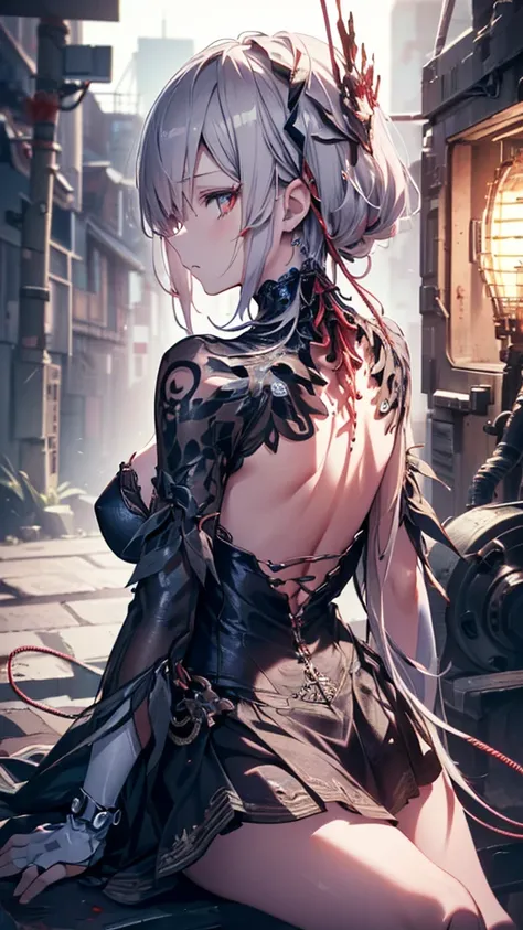 (((masterpiece))), ((( best quality))), (( super detailed)), ( Very detailed CG illustration), (( very delicate and beautiful )),Cinematic Light,(( 1 Mechanical Woman )),Alone,Big Breasts,whole body,(Machine made joints:1.2),((Mechanical marginal blood ves...