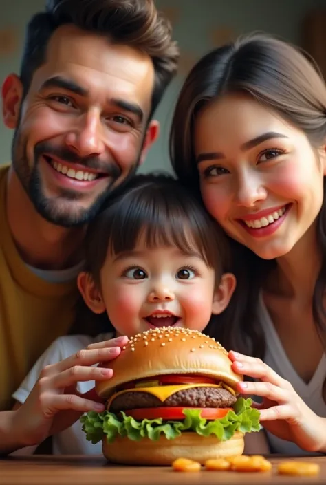 happy family father, mother and daughter eating realistic hamburger real human beings