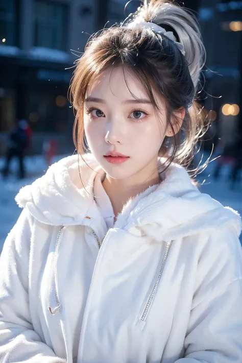 Front view，Realistic Photography、( ice sculpture theme park )、Street Lights、Passersby，snowflake，Thick snow 、 A young girl 、(Trendy hairstyle )、silver gray ，High Ponytail、(Fashionable outerwear)、 sexy perfect figure、(Face mask)、Standing next to an ice sculp...