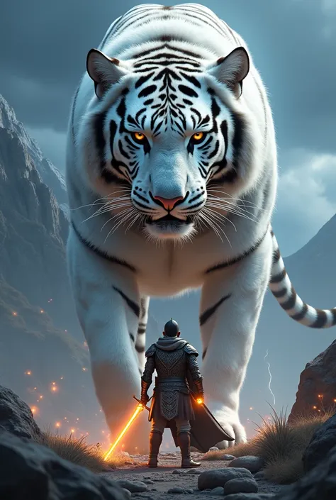 "An ultra-realistic image of a massive, towering white tiger, its size dwarfing the warrior standing before it. The tigers powerful physique is emphasized with intricate fur details, glowing stripes that pulse with surreal energy, and sharp, intimidating e...