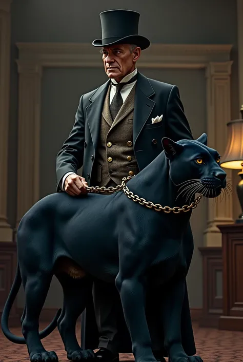 Lord in cylinder and monocle having navy color pantera on chain leash