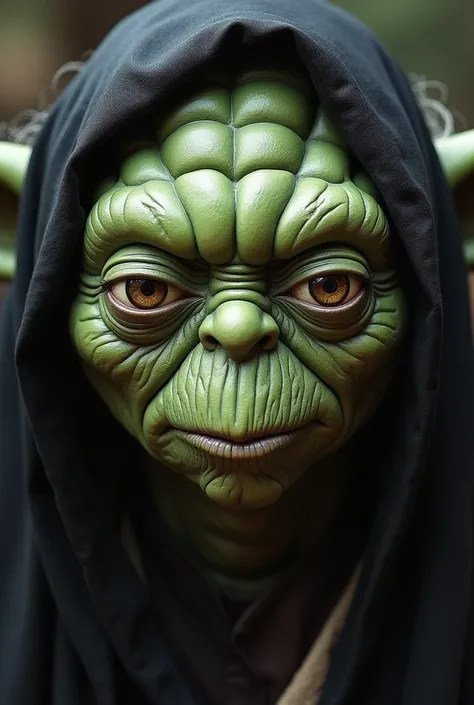 Yoda in a close-up portrait, wearing a black satin durag looking serious , in a photorealistic style, with a vintage filter effect