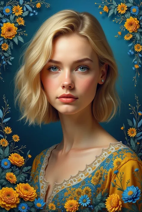   A 50-year-old woman with blond hair ,  delicate facial features ,  vibrant colors blue and yellow ,  detailed digital painting of a Ukrainian woman, masterpiece, trend, Ukrainian flowers , Flag of Ukraine,  coat of arms of Ukraine  , realistic, 4K, Highl...