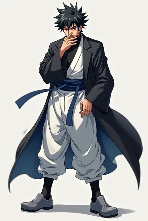 A Male, tall, Black spiky hair, Red eyes, Black, white robes, dark blue belt, white baggy pants, Black socks, and Grey shoes, a mouth on his palm, covering his mouth with his hand backside, anime style
 