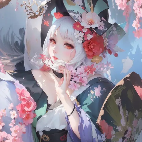 there is a woman with a fan and a flowered hat, best anime 4k konachan wallpaper, anime art wallpaper 4 k, anime art wallpaper 4k, anime art wallpaper 8 k, guweiz on pixiv artstation, beautiful anime artwork, onmyoji detailed art, anime style 4 k, digital ...