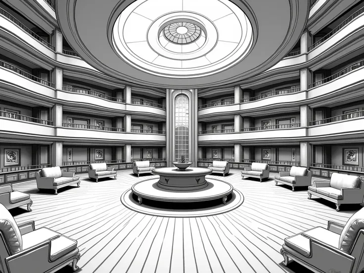 line drawing and art style from DC Comics, main deck of a luxury cruise ship, with a reception with many luxurious details, spacious and crowded, it has a dark gym style, the image has a large space, chic and refined
