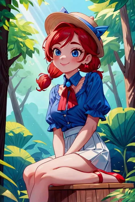 (masterpiece, best quality), 1girl, blue blouse with short neckline, white short skirt, red hair, two ponytails, cute face, blue eyes, sitting with legs crossed, outdoor, intricate detail, sunlight, elegant little hat, sexy pose, red heels shoes, earrings,...