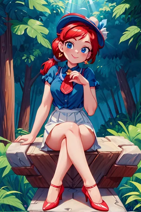 (masterpiece, best quality), 1girl, blue blouse with short neckline, white short skirt, red hair, two ponytails, cute face, blue eyes, sitting with legs crossed, outdoor, intricate detail, sunlight, elegant little hat, sexy pose, red heels shoes, earrings,...