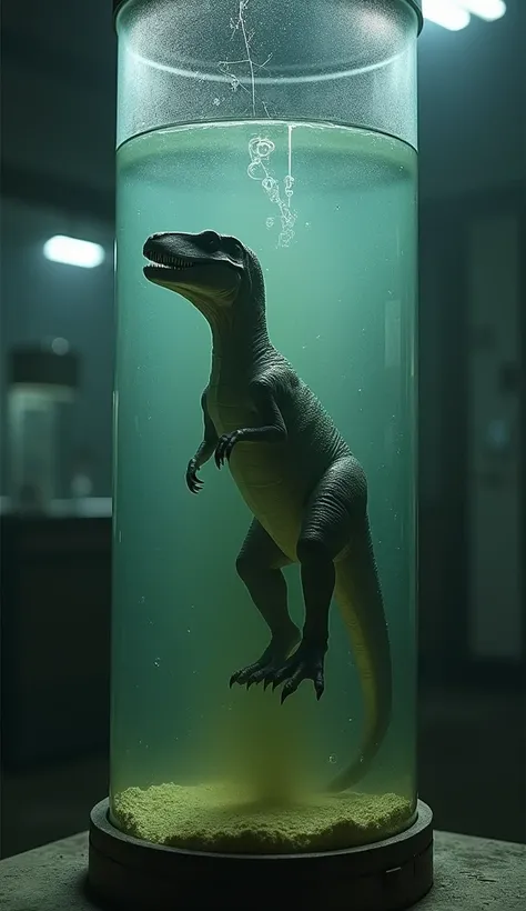 Dinosaur with closed eyes inside a cloning tube with dirty water with