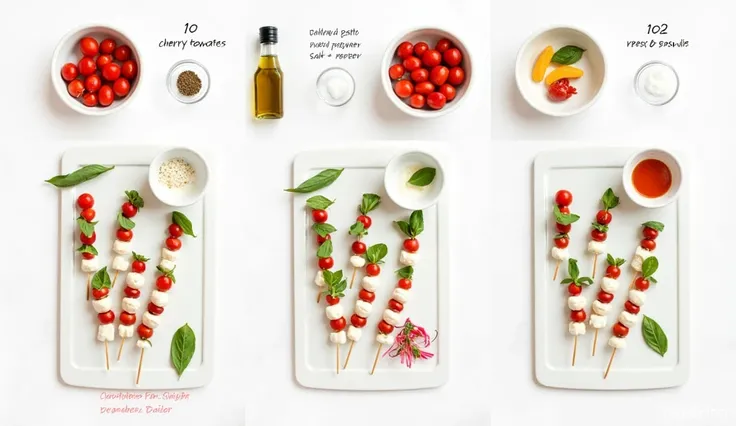 "Create a visual step-by-step guide for the recipe for Mini Caprese Skewers with 6 explanatory images including 3 images on top and 3 on the bottom.
First image:  Show the ingredients arranged in an organized way : 10 cherry tomatoes
Second image : 10 buff...