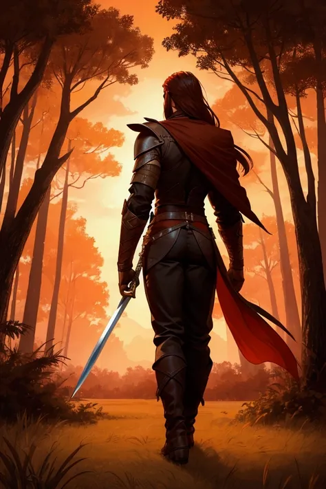  Man is walking towards a big tree at sunset ,  man to each with an empty sheath ,  for men thief leather fantasy clothes,  on one shoulder a short fluttering cloak ,  A man holds a long sword , spread out his arms , , the flexible but strong figure of an ...