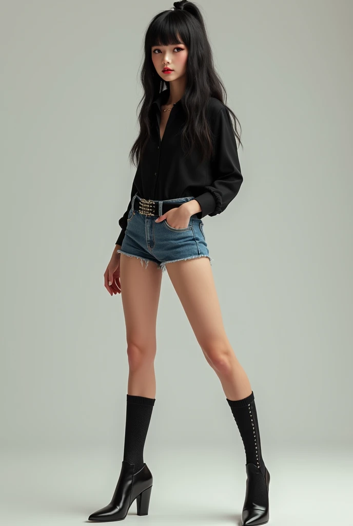 Girl in black shirt , short denim shorts, cinturon negro,  long black socks and heels