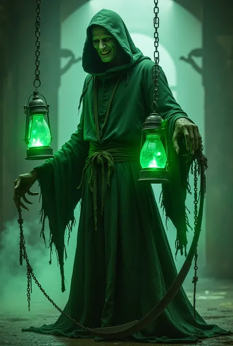 "A ghostly humanoid with glowing green skin, clad in spectral, tattered robes resembling a prison wardens uniform. Chains and lanterns hover around him, each containing dimly glowing souls. His gaunt, elongated fingers clutch a scythe-like weapon, and his ...