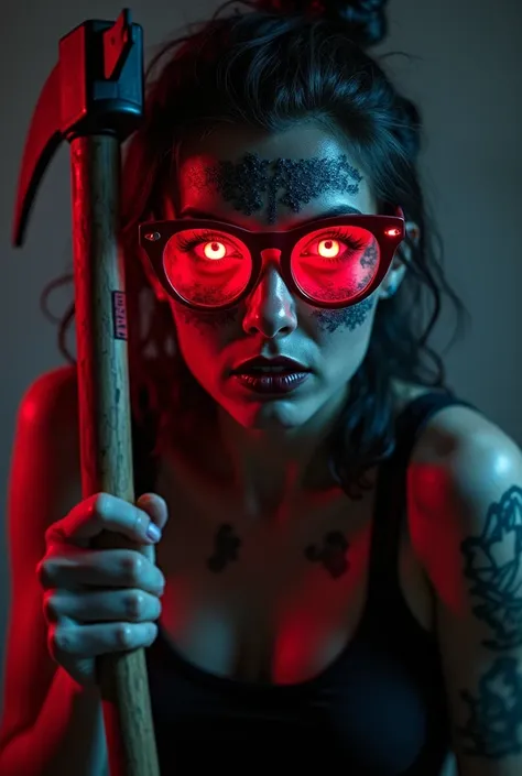 Charismatic woman with ,  charcoal stain turned black with a pickaxe in her hand ,  wearing red neon mineral glasses that look like a red neon eye ,  with a charcoal stain on her face looks angrily at the camera in mine. High Resolution, Masterpiece, Accur...