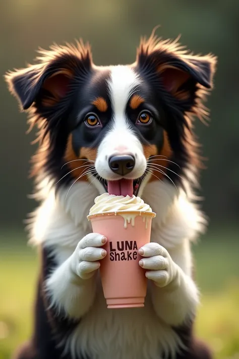 Boder cooler dog half white and the other black with brown locks holding a milkshake and drinking LUNA SHAKE through the straw on the cup written LUNA SHAKE 