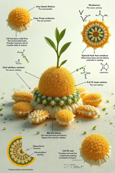 Create an scientific labeled image of nano sulfur coating on urea sulphate fertilizer for slow release of urea 