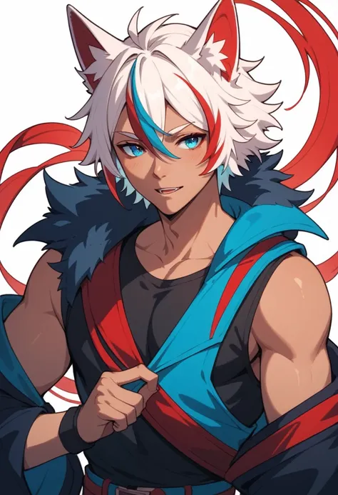 One beautiful young Japanese male with silky white hair, some red highlights, some light blue highlights, with gorgeous eyes that are blue and red. Wolf ears and tail, medium tan,