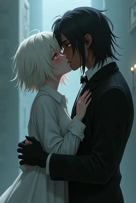 An albino anime girl with short messy shoulder-length hair and a mobster wearing a tuxedo and black gloves, together with a dark-skinned boy with long dark hair and red eyes and wearing a tuxedo and hugging the albino girl kissing her