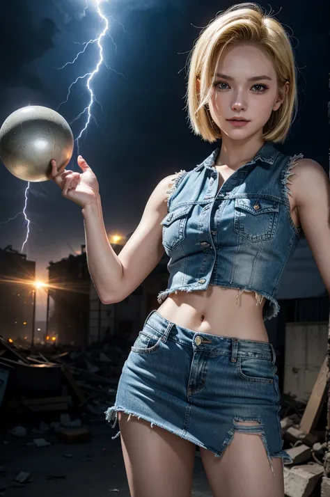 Android 18, beautiful, feminine,  wearing a denim vest and skirt , blonde,  short hair, perfect smile,  hands up,  backdrop against destroyed buildings and spheres of energy and lightning 