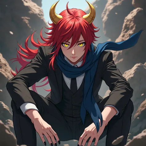 Young adult anime boy ,  long red hair with golden horns and yellow eyes, dressed in a black suit ,  and a dark blue scarf , with long black nails splitting a huge rock with them,