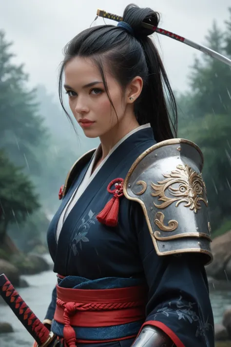 "A noble humanoid with long, untamed black hair tied into a loose ponytail, dressed in samurai-inspired armor with tattered edges, symbolizing years of battle. His piercing eyes hold a sense of regret, and a mystical wind swirls around his katana. His outf...