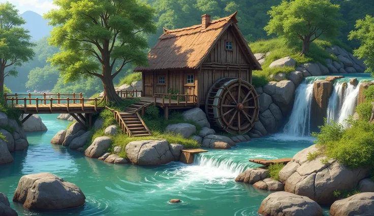 A charming rustic watermill nestled by a flowing river, surrounded by a lush green forest. The wooden structure, with its thatched roof and large waterwheel, is built on a stone foundation and extends over the river. The crystal-clear water cascades gently...