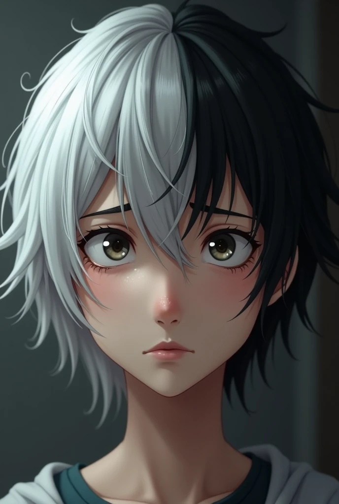 white and black-haired teenager with a worried face