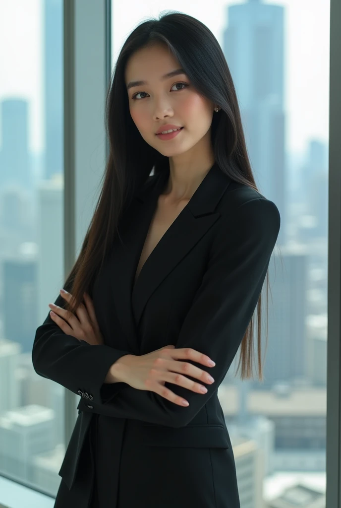  A young woman with long, straight black hair , soft look,  delicate features and very fair skin , wearing natural makeup ,  her face and calm expression .  A woman in elegant office clothes and high heels ,  posing confidently in front of a window overloo...