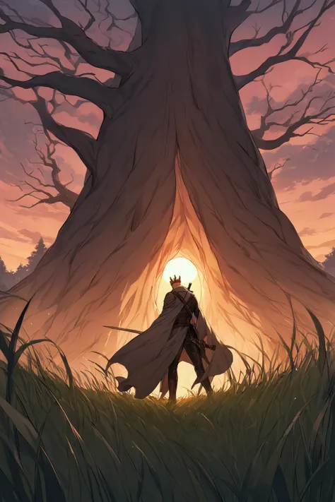  Man is walking towards a big tree at sunset ,  man to each with an empty sheath ,  for men thief leather fantasy clothes,  on one shoulder a short fluttering cloak ,  A man holds a long sword , spread out his arms , , the flexible but strong figure of an ...