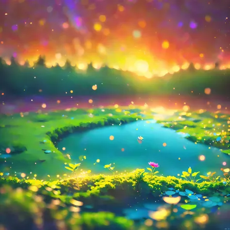 8K quality,(super masterpiece:1.3), best quality, detailed images,unmanned,(Small tree 々, lots of petals dance, fantastic waterfall in the center,The lake in the center ,Lakeside,moss,水moss,background(sunset,sunsetの空,cloud, starry sky , gradient )).