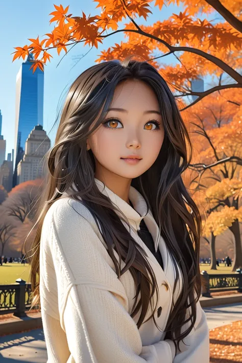 A teenage Asian model, beautiful and harmonious face, tanned white skin, long flowing blackest hair, intense brown light eyes, wearing current fall/winter fashion, she poses with full body in New Yorks Central Park. Trees with orange ochre leaves, vanilla ...