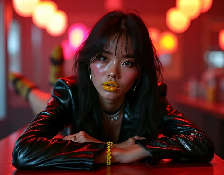 obra prima, melhor qualidade, ((super-anorexic korean rock teenie, very shiny oiled body,)) ((((shiny neon yellow lipstick, super exotic eye makeup, sweaty glistening o-face,)))) ((((reclining prone on top of bar counter, one leg down,)))) ((((wearing shin...