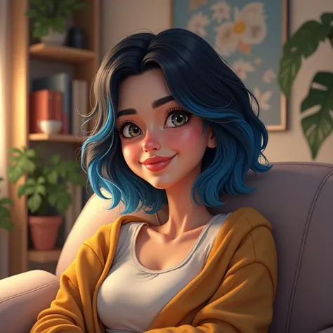 a down-to-earth young girl in her mid-20s with blue-streaked hair in her home