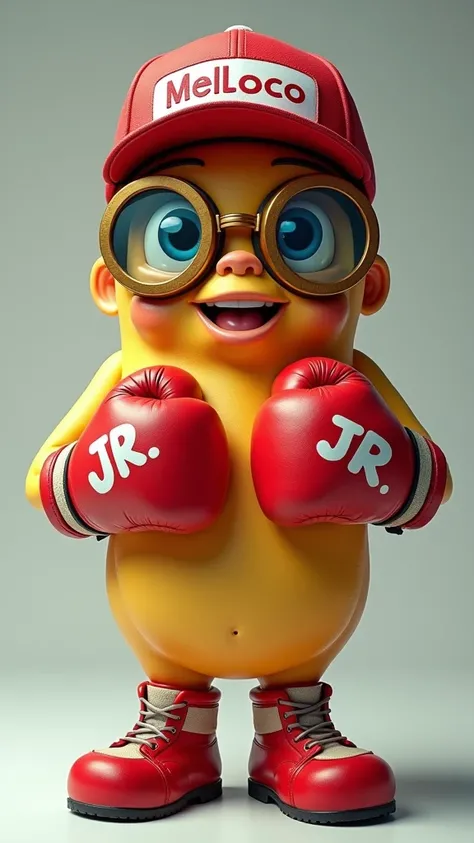  Melloco tuber with baseball cap and goggles with boxing gloves that have MellocoJR written on the gloves as on the cap 