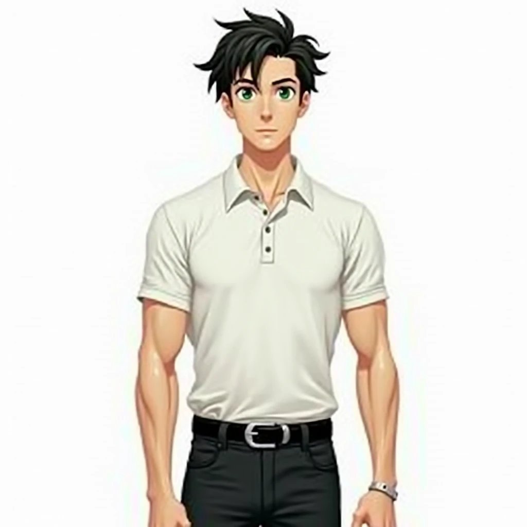 Dark green eyes, lidded eyes, slanted eyes, light skin, short dark messy hair, slicked back hair, tall, slender physique, althetic musculature, white polo shirt with the collar open, black belt with a silver buckle, black pants, black shoes, male, simple b...