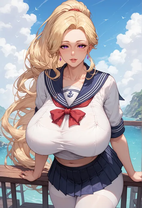 mixed_artwork style, (detailed eyes), (Mature woman), beautiful woman, huge breasts, (blonde long hair, ponytail), (sailor clothes, White tights, black pleated skirt), purple eyes, mole under eye, huge body