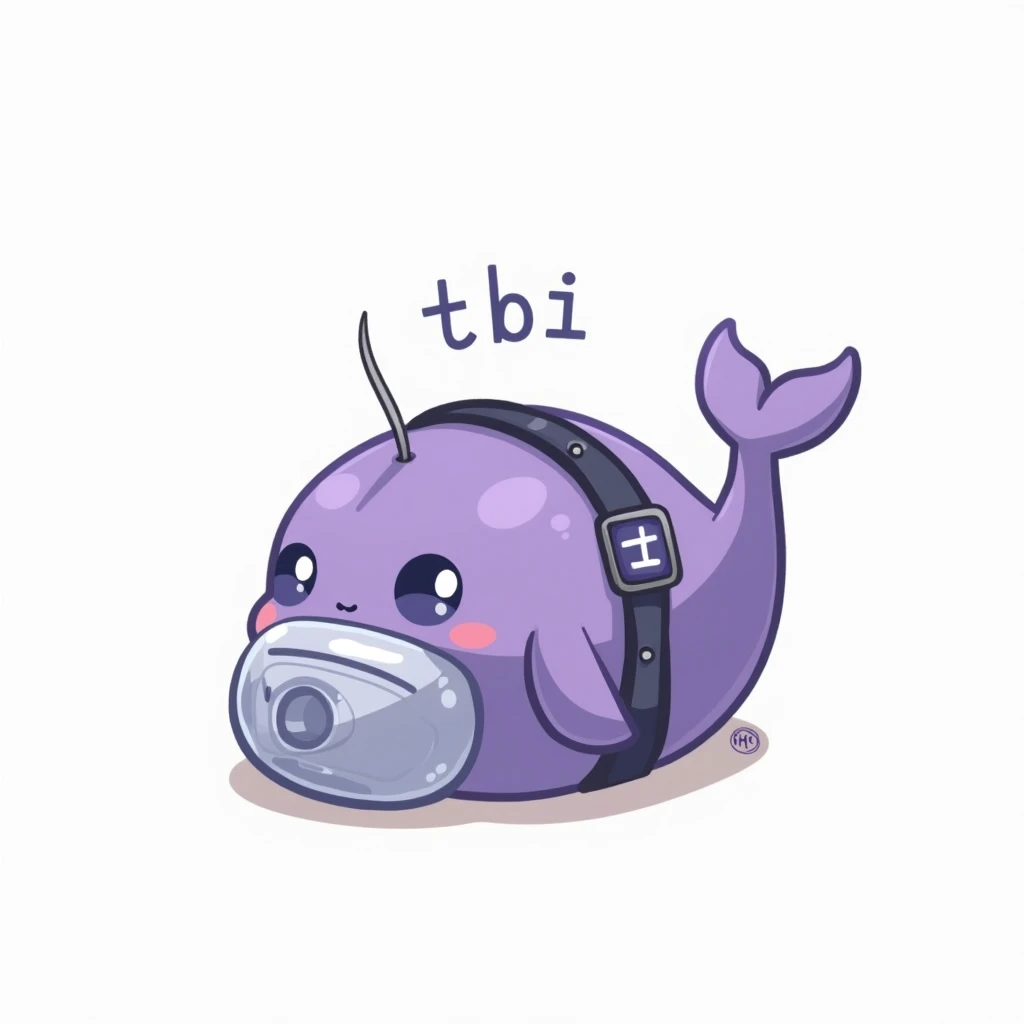 An army bomb transparent and inside a purple, little and cute whale. The writing "TBI" on the bombs strap and the background is completely white.