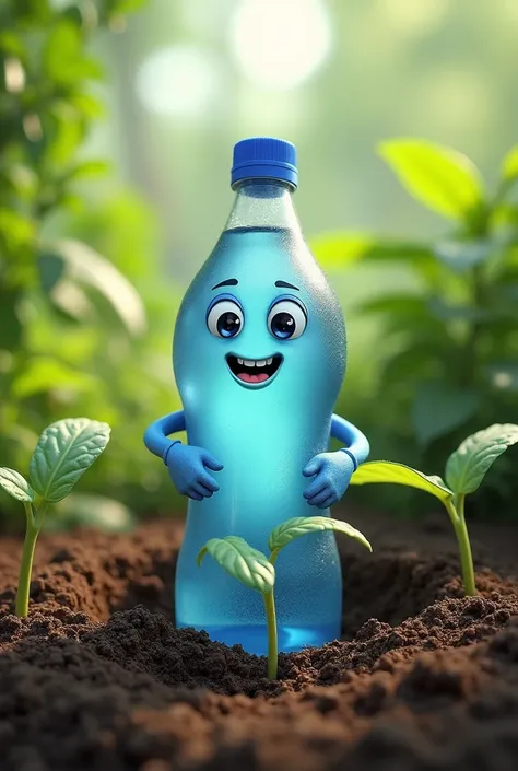 Animated bottle of water in a planting hole