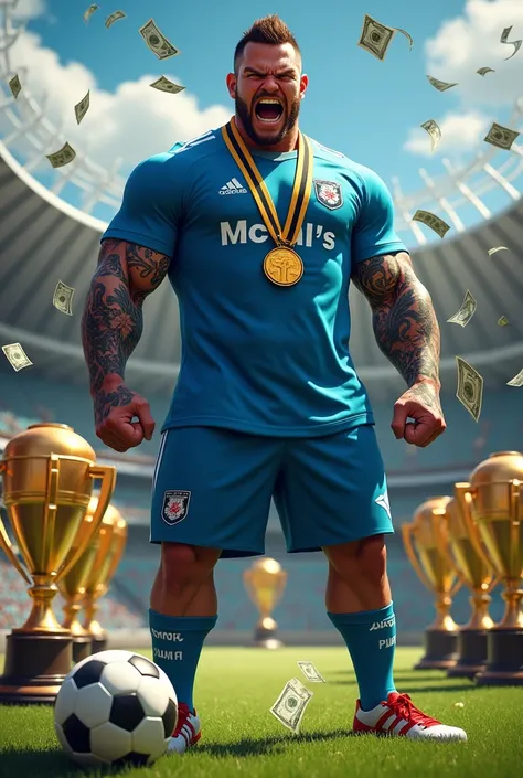 A man who with one hand hold a soccer ball , on his neck have gold medal, money and behind him trophies, his face is angry , he has tattoos, he wear ocean blue color shirt and shorts, on shirt write "McCalls Tips" and he is on soccer field 
