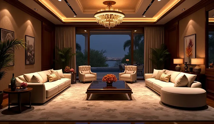   The large, brown and white living room in the night is luxurious and large 