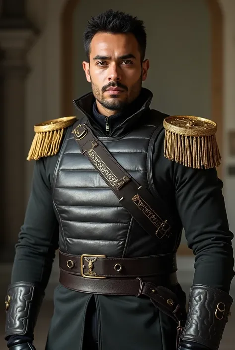 Andres Avelino Cáceres wearing a dress includes a military jacket in dark gray tones, with gold details on the shoulders ,  representing his leadership rank .  He wears a reinforced combat vest that reflects his ability to withstand the most intense battle...