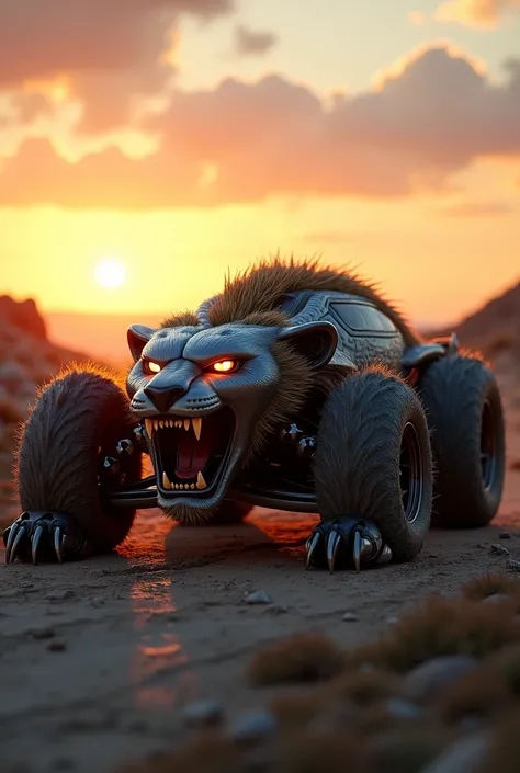 Create a hybrid vehicle that combines the form of a lion with the structure of a modern car. The front of the car resembles a lion’s roaring face, complete with glowing eyes as headlights, while the body integrates smooth metallic lines and fur-like textur...