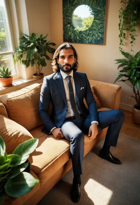 (photorealism:1.2), beautiful man, sitting on a couch, dressed, wearing a suit, (lookalike Sebastian Chabal: 0.8), indoors, soft lighting, plants in background, window with sunlight, cozy room, relaxed pose, realistic, intricate details, warm colors. View ...