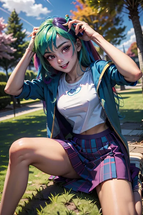 mlpdash, colored skin, blue skin, rainbow hair, purple eyes, blue cropped jacket, white shirt with rainbow design, pink stripped skirt,  looking at viewer, smug, happy,
sitting, on grass, from_above, outside, park, trees, change season, summer to fall, ove...